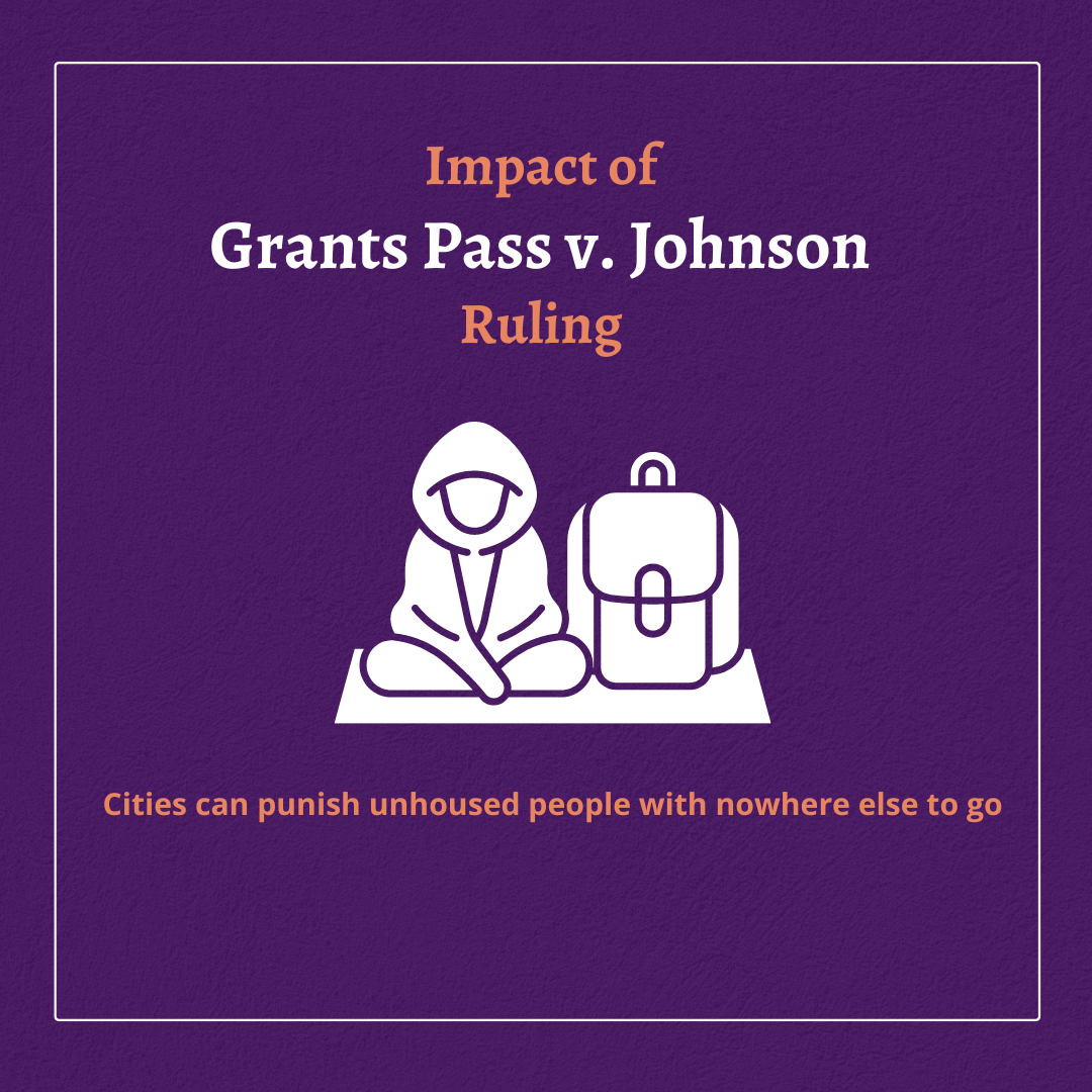 Photo of person wearing a hoody sitting cross-legged on the ground next to a backpack.  Impact of Grants Pass v. Johnson Ruling. Cities can punish unhoused people with nowhere else to go 